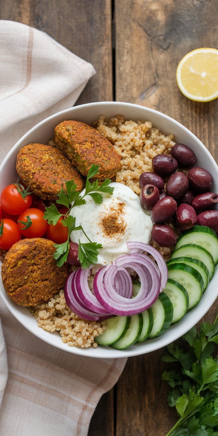 Mediterranean Vegan Bowl with Falafel and Tzatziki