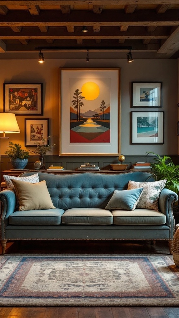 A vintage-inspired living room with a blue sofa, warm lighting, and various artworks on the walls.