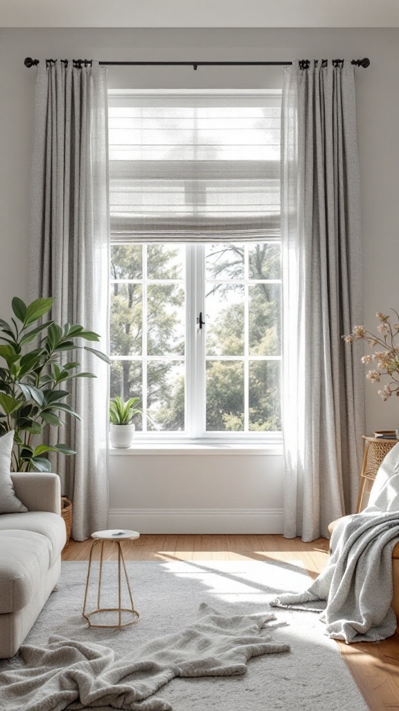 A bright living room with light curtains, a cozy sofa, and a small table by the window.