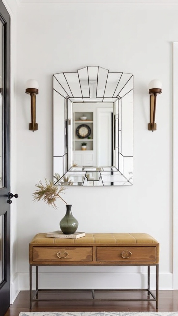 Art Deco inspired mirror above a wooden bench with a vase and dried flowers