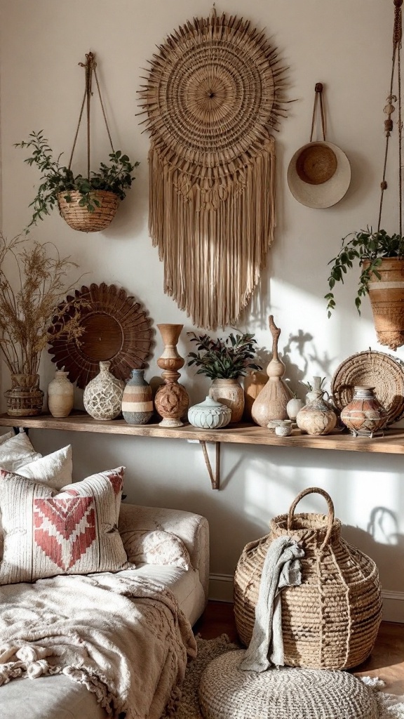 A cozy living space featuring handmade decor items including woven wall hangings, pottery, and decorative pillows.