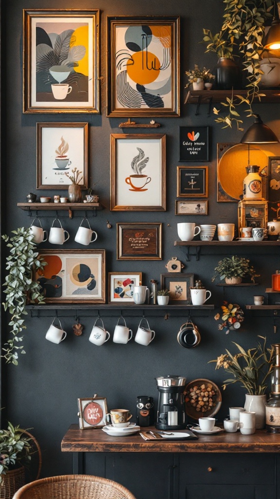 A cozy coffee wall display with framed art, hanging mugs, and decorative plants.