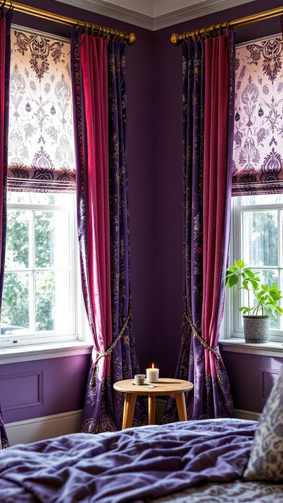 Luxurious window treatments featuring deep purple and pink curtains with patterned shades, creating a cozy atmosphere.