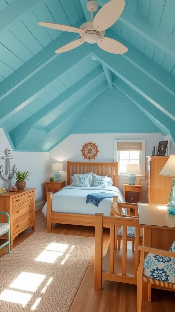 A bright and airy beach-inspired bedroom with blue ceiling and wooden furniture.