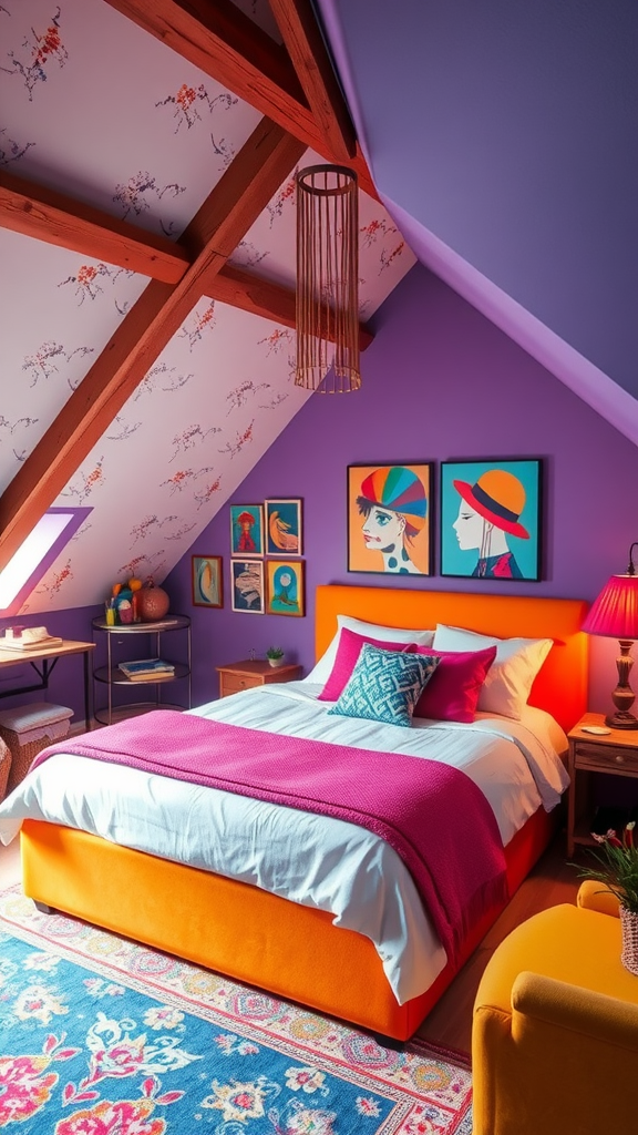 A colorful bedroom featuring an orange bed, pink blanket, and purple walls adorned with art.