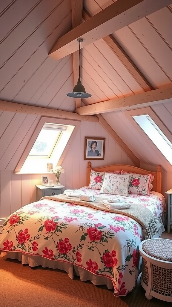 A cozy bedroom with floral bedding and wooden beams, featuring skylights for natural light.