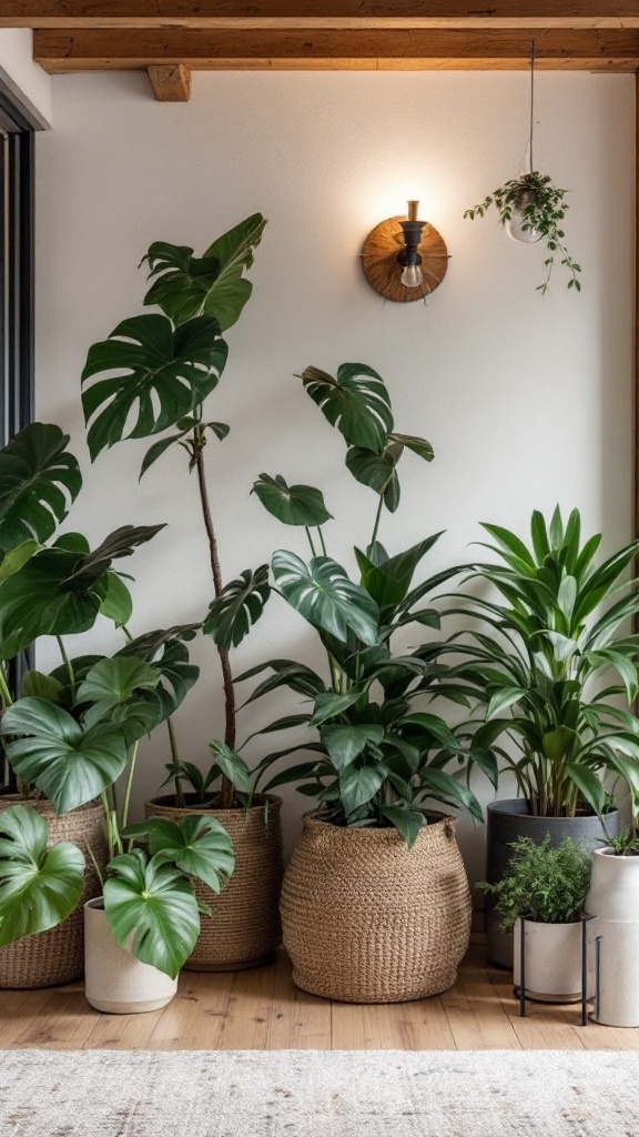 A collection of indoor plants in decorative pots, creating a cozy atmosphere.