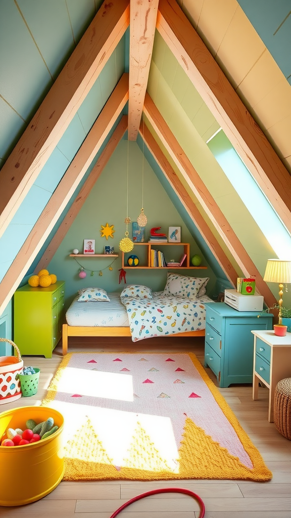 A vibrant children's bedroom with pink walls, decorated with fairy lights, toys, and colorful bedding, featuring a child playing with toys.