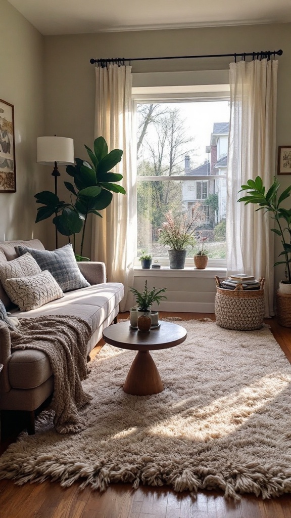 Cozy living room with a beige shag rug, a coffee table, and plants by the window.