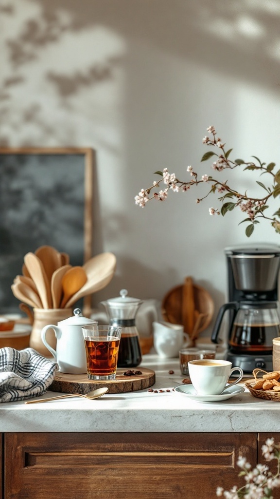 A cozy home coffee and tea station featuring a coffee maker, teapot, and snacks.