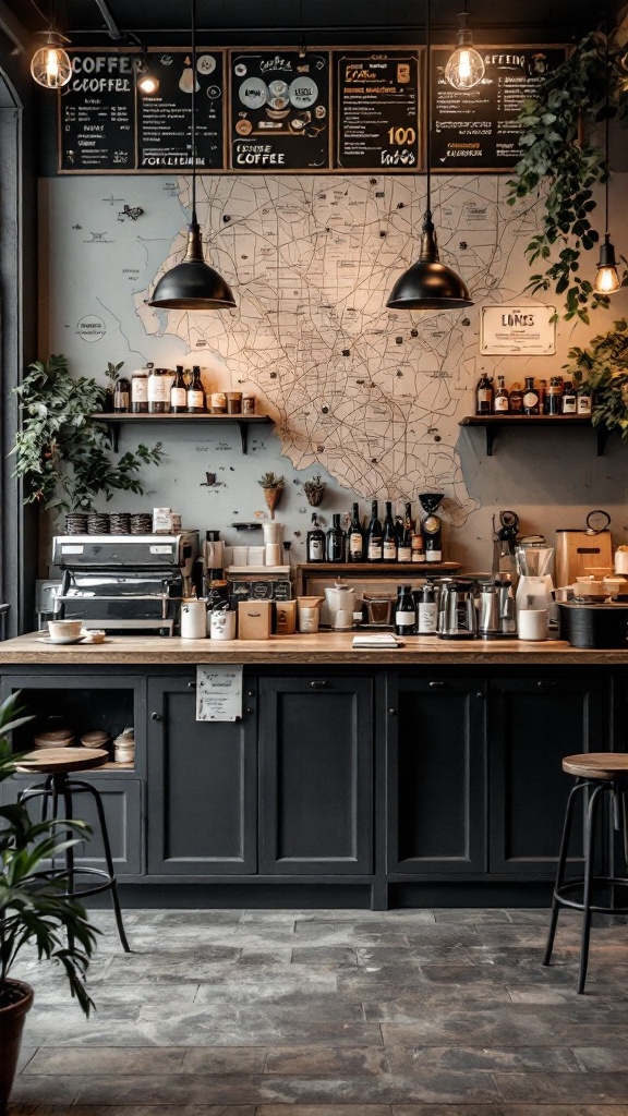 A stylish coffee bar with a local map on the wall, showcasing coffee equipment and decor.