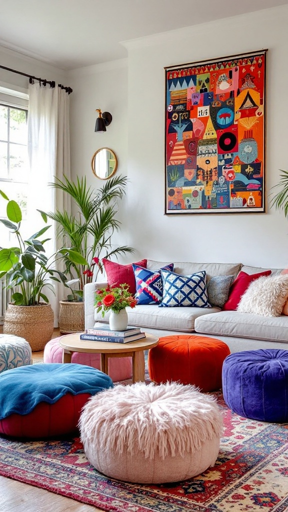 Living room with colorful poufs and ottomans, a cozy sofa, and vibrant decor.