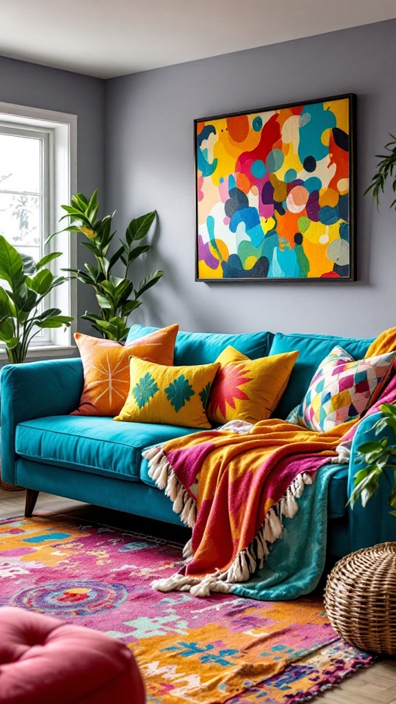 A vibrant living room featuring a turquoise couch adorned with colorful throw pillows and a bright, patterned blanket.