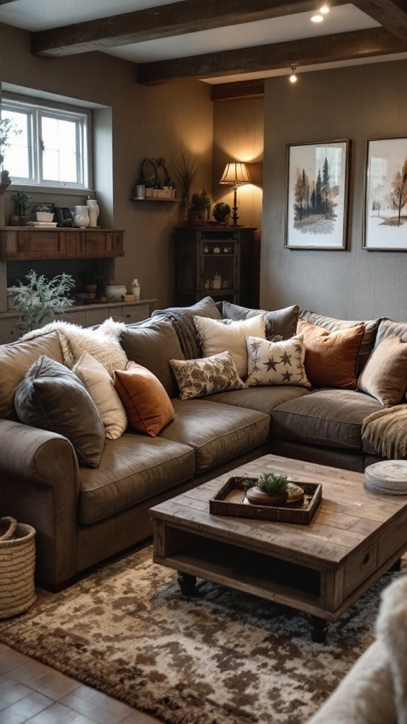 Cozy living room with a comfortable sectional sofa and wooden coffee table