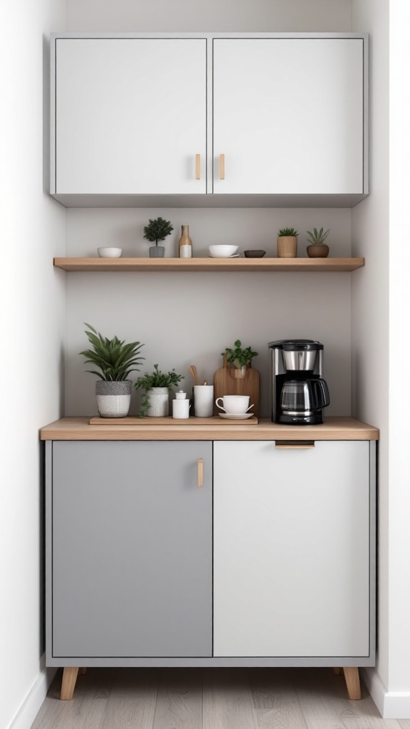 Compact coffee bar with coffee maker and decorative plants.