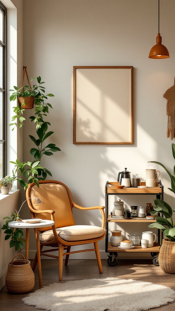 A cozy corner with a chair, coffee cart, and plants, perfect for a home coffee nook.