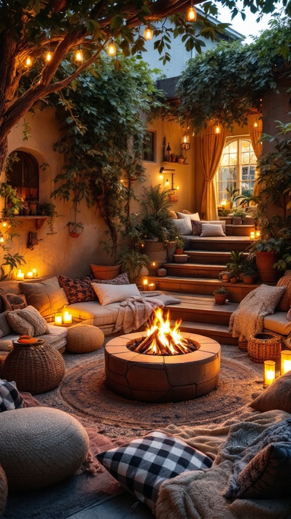 A cozy fire pit area with chairs, pillows, and string lights.