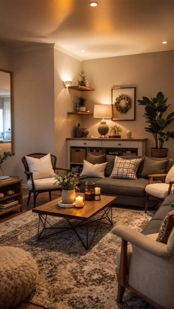 Cozy living room with comfortable seating, warm lighting, and a stylish coffee table.