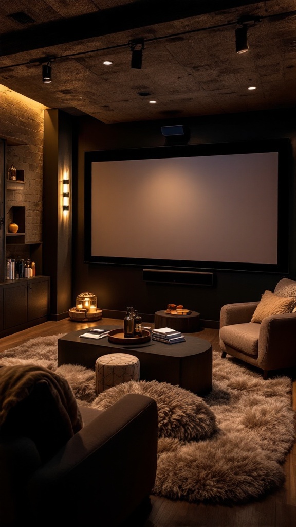 A cozy movie corner with soft lighting, plush seating, and a large screen ready for a movie.