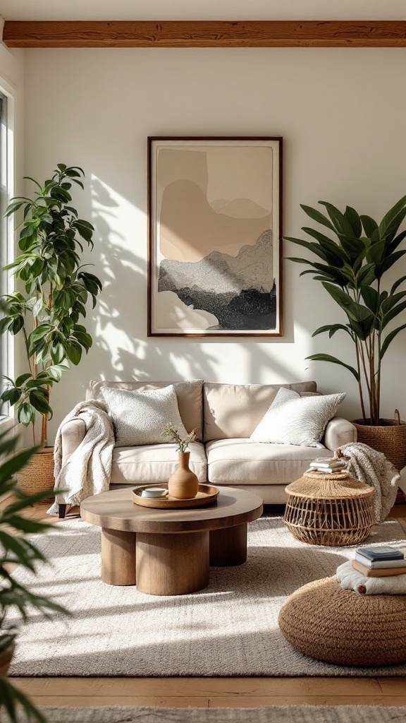 A cozy living room with a sofa, plants, and a round coffee table.