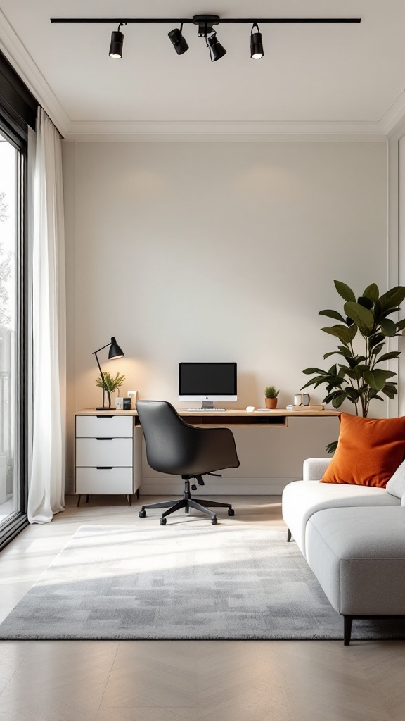 A small, stylish workspace in an apartment featuring a desk, chair, and plants.