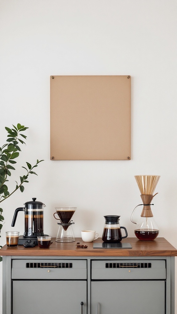 A stylish home coffee brewing station with various coffee makers and a plant.