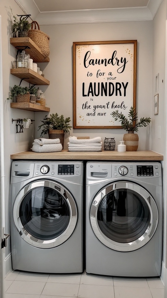 A stylish laundry room featuring modern appliances, wall art, and decorative plants.