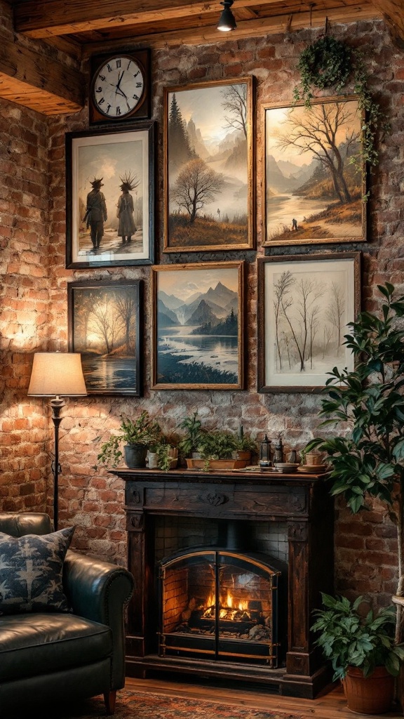 A cozy living room featuring a wall art display, a fireplace, and plants.