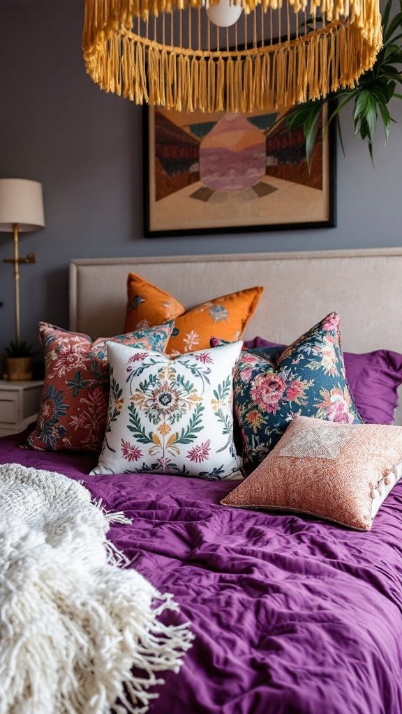 A cozy bed with various colorful accent pillows and a decorative throw blanket.