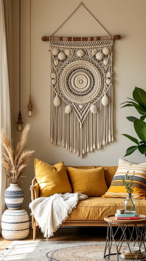 A beautifully crafted macramé wall hanging displayed above a cozy yellow sofa with decorative cushions.