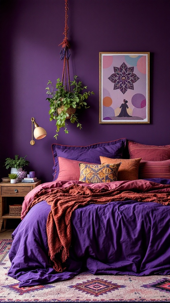 A beautifully styled bedroom with purple walls, colorful cushions, and a cozy blanket.