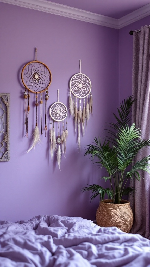 A cozy room featuring dreamcatchers on a purple wall with a plant and bedding.