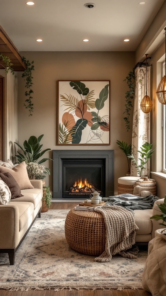 A cozy living room with an earthy color palette featuring plants, a fireplace, and warm decor.