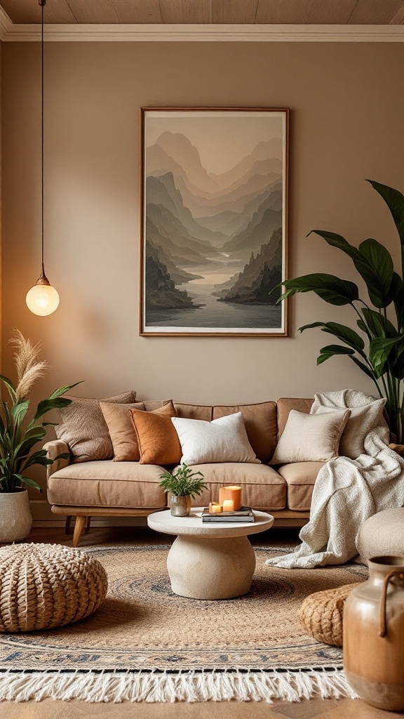 A cozy living room featuring earthy tones, including a brown sofa, plush cushions, and plants, with a mountain painting on the wall.