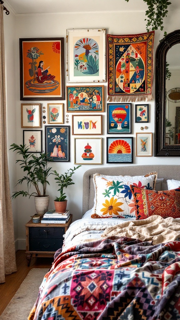 A cozy bedroom with an eclectic wall art arrangement featuring colorful framed artworks and decorative pillows on a bed.