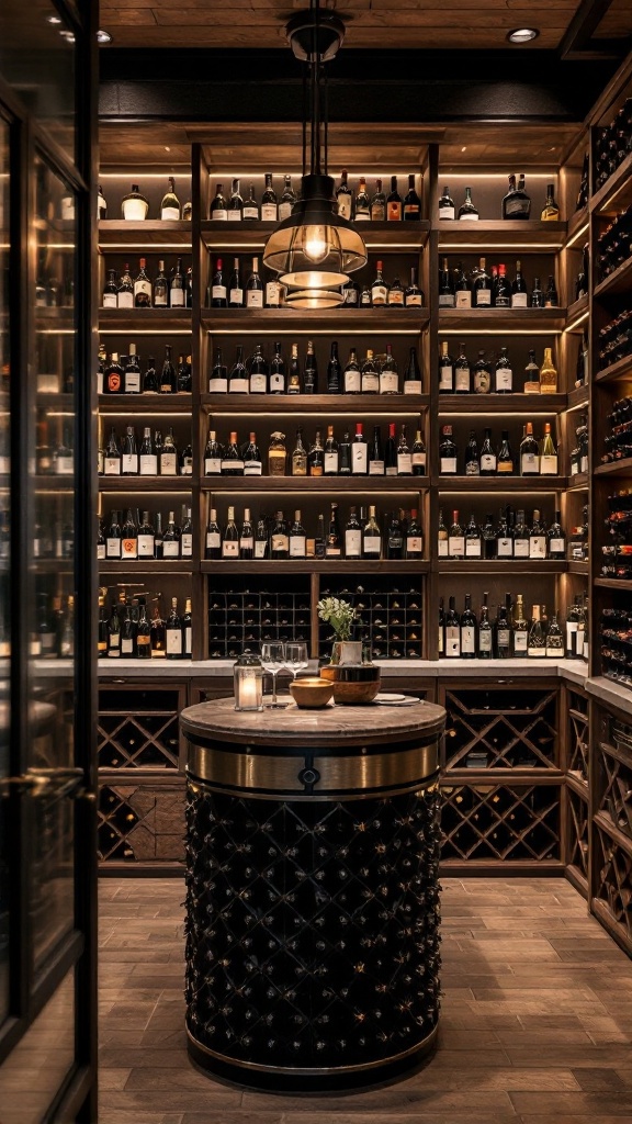 A stylish wine cellar with shelves filled with various bottles and a round table in the center.