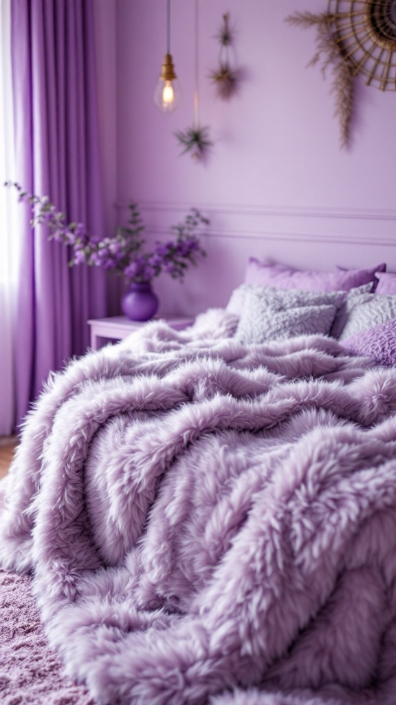 A cozy bedroom with a lavender faux fur blanket draped over the bed, surrounded by soft pillows and purple decor.