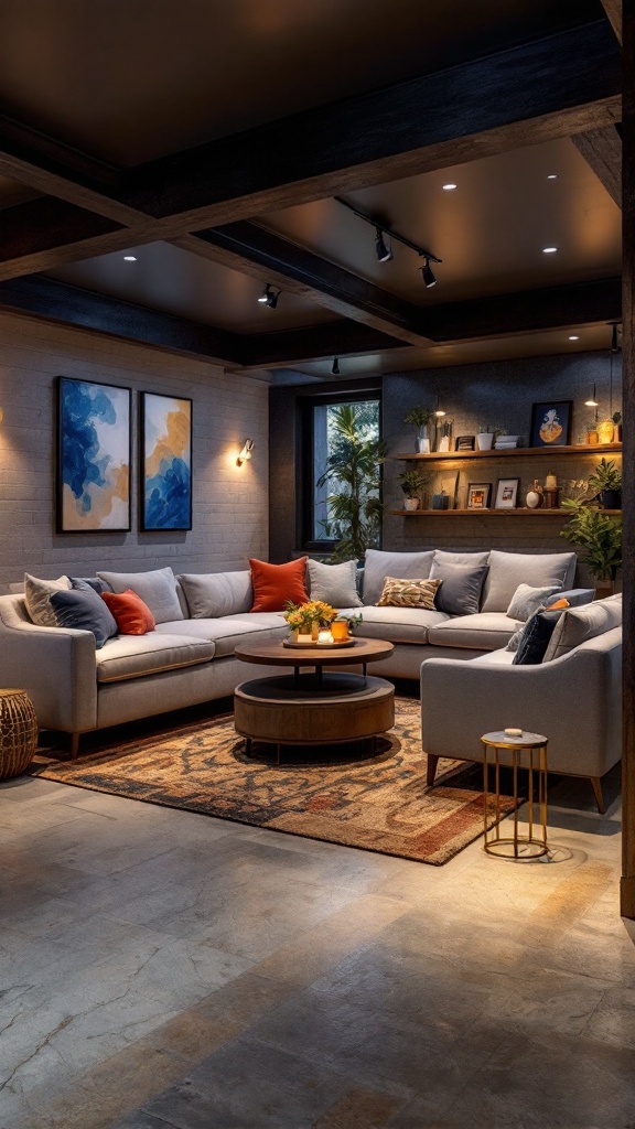 A cozy living room with a sectional sofa, a central coffee table, and soft lighting.