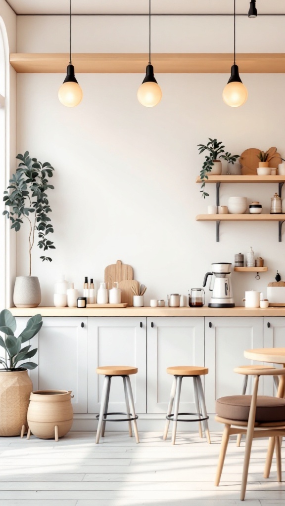 A stylish home coffee bar setup with seating, featuring wooden stools and a modern coffee maker.