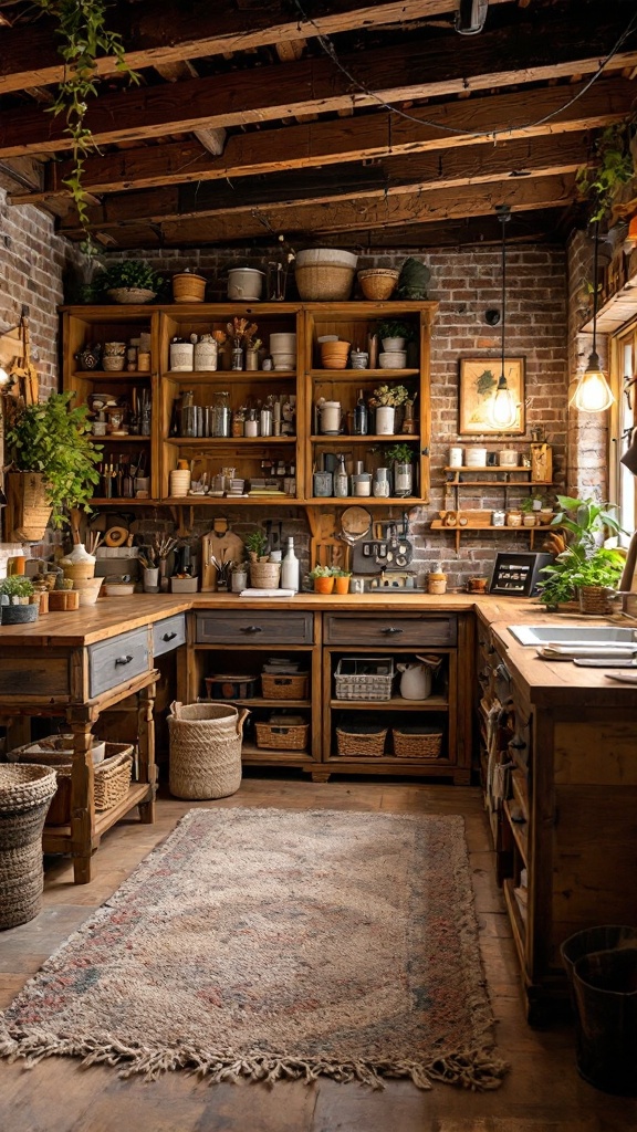 A cozy crafting space with wooden shelves, plants, and various crafting supplies.