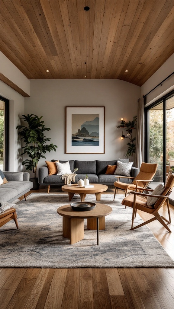 A cozy living room with gray sofas, wooden furniture, and a warm ambiance.