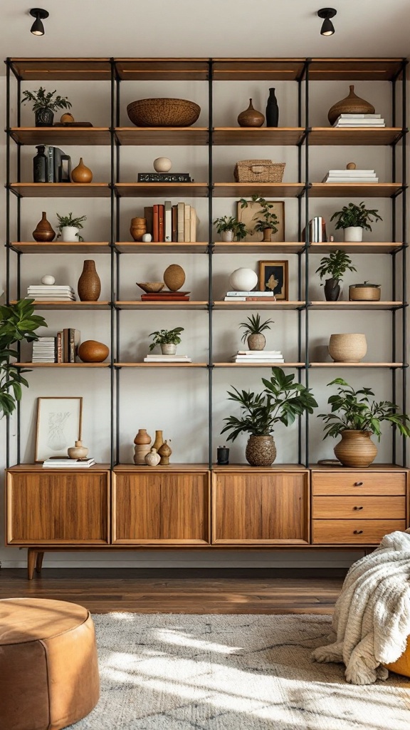 A modern shelving unit featuring plants, books, and decorative items.