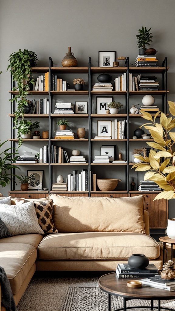 Functional shelving unit in a stylish living room with books, decor, and plants.