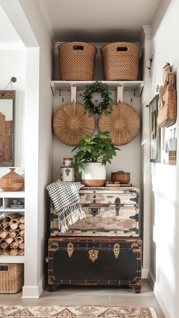 A stylish storage setup featuring vintage trunks, woven baskets, and decorative plants.