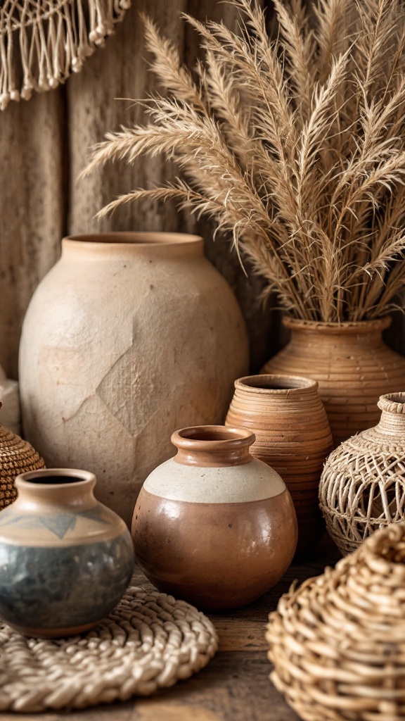 A collection of handcrafted pottery and woven baskets arranged on a wooden surface