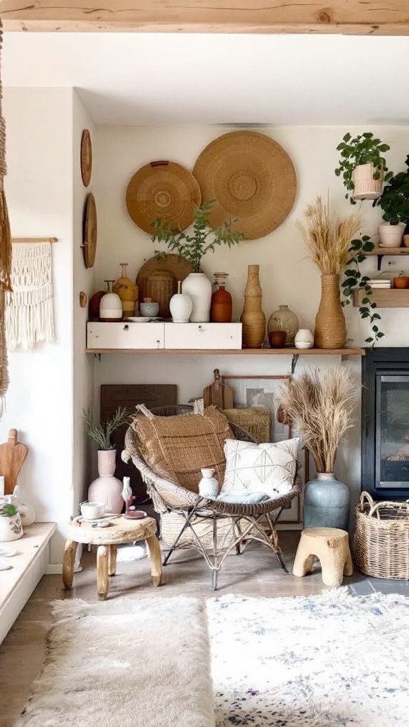 A cozy living space with handmade decorative items including vases, woven baskets, and wall hangings.