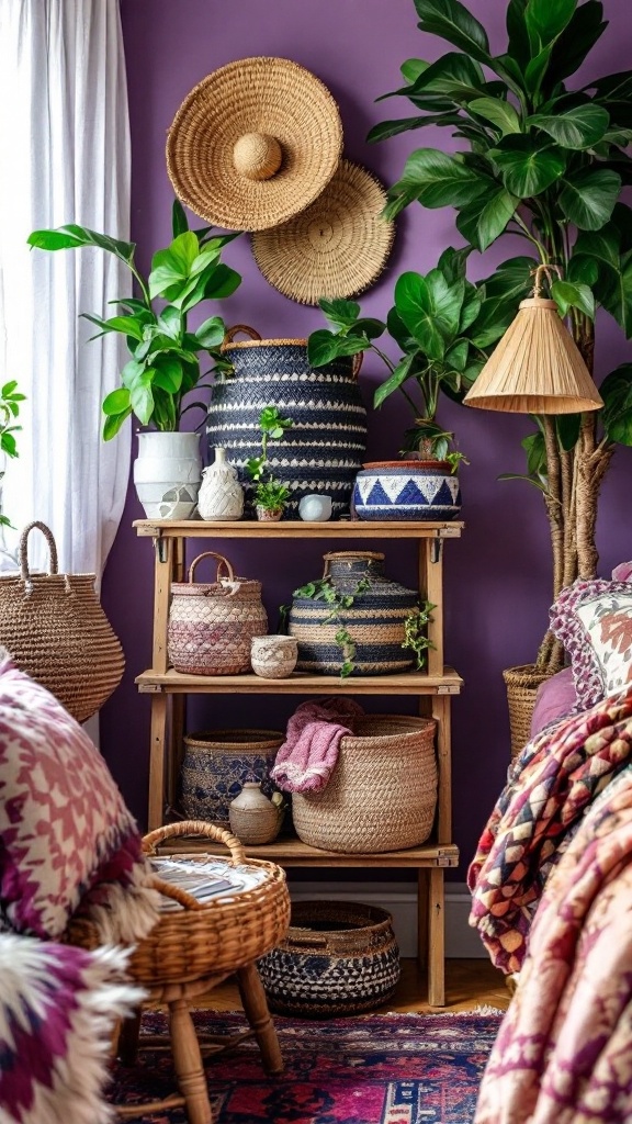 A collection of handwoven baskets on a wooden shelf, surrounded by plants and decorative items.