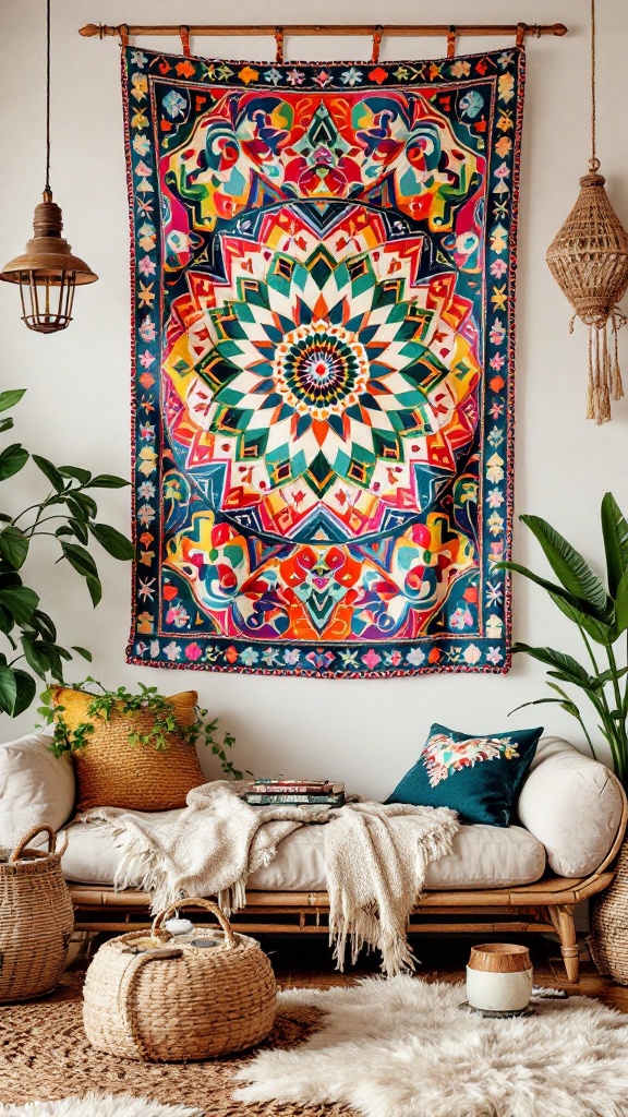 A colorful tapestry featuring a mandala design, hanging on a wall above a cozy sofa with plants and decorative items.