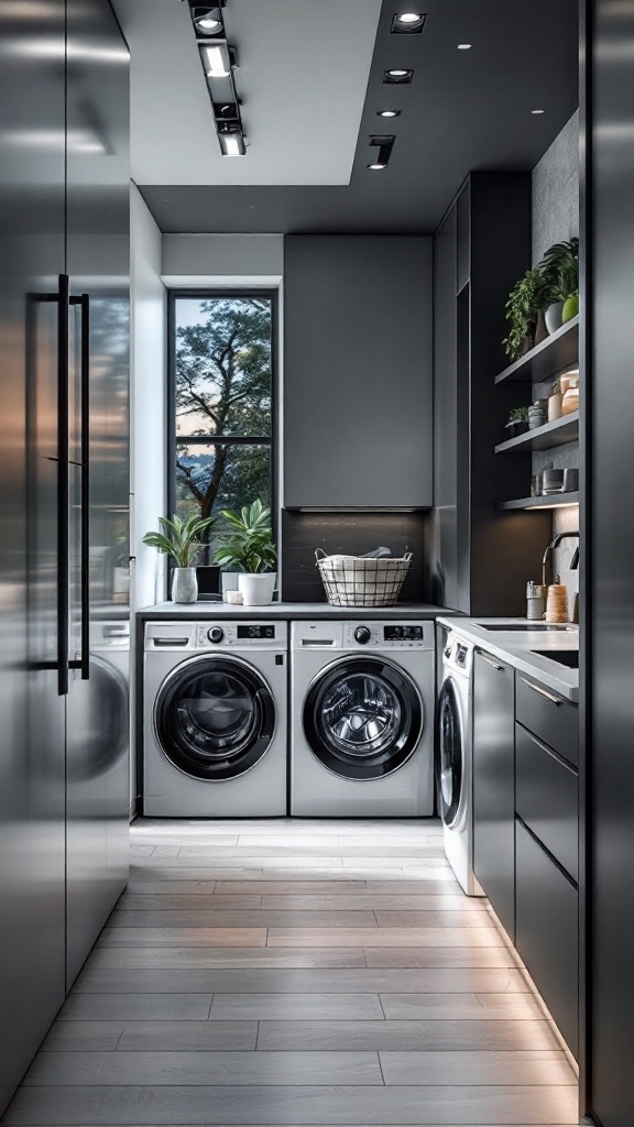 A modern laundry room featuring stylish washing machines, sleek cabinetry, and plants.