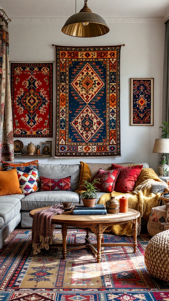 Cozy living room with global textiles, including colorful rugs and tapestries.